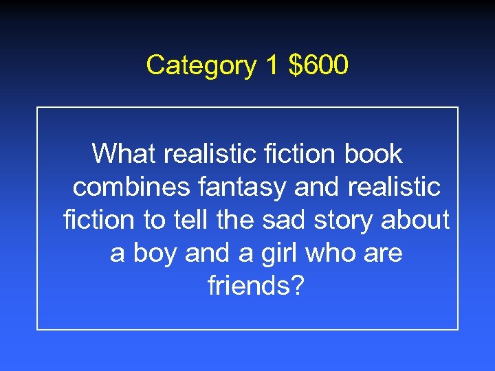 Category 1 $600 What realistic fiction book combines fantasy and realistic fiction to tell