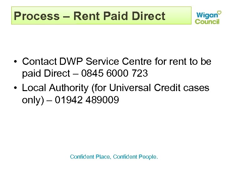 Process – Rent Paid Direct • Contact DWP Service Centre for rent to be