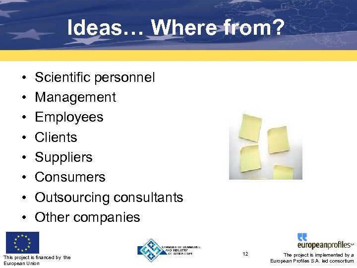 Ideas… Where from? • • Scientific personnel Management Employees Clients Suppliers Consumers Outsourcing consultants