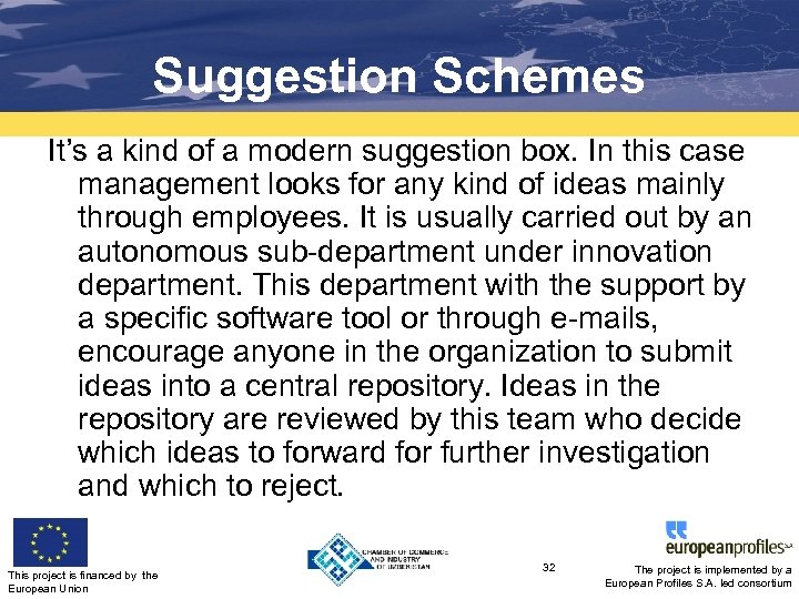 Suggestion Schemes It’s a kind of a modern suggestion box. In this case management