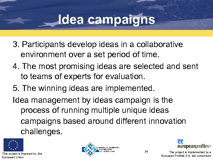 Idea campaigns 3. Participants develop ideas in a collaborative environment over a set period