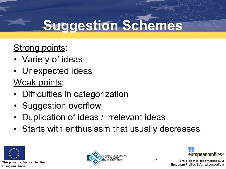 Suggestion Schemes Strong points: • Variety of ideas • Unexpected ideas Weak points: •