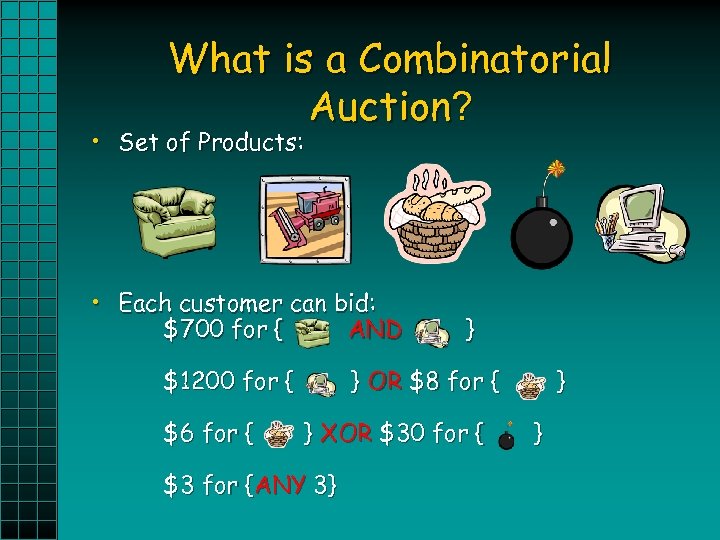 What is a Combinatorial Auction? • Set of Products: • Each customer can bid: