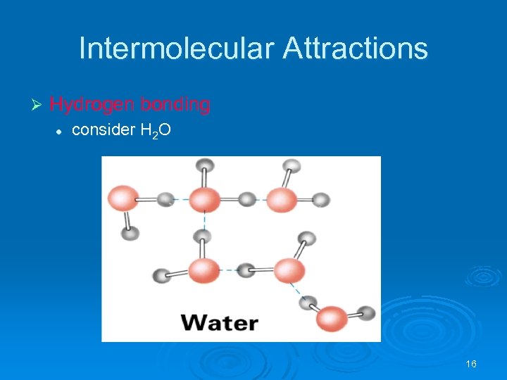 Intermolecular Attractions Ø Hydrogen bonding l consider H 2 O 16 