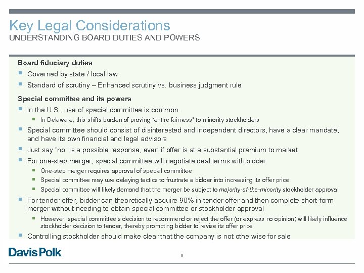 Key Legal Considerations UNDERSTANDING BOARD DUTIES AND POWERS Board fiduciary duties § § Governed