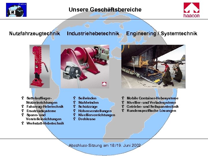 Unsere Geschäftsbereiche Nutzfahrzeugtechnik Ÿ Sattelauflieger. Stützeinrichtungen Ÿ Fahrzeug-Hebetechnik Ÿ Ersatzradsysteme Ÿ Spann- und Verstelleinrichtungen
