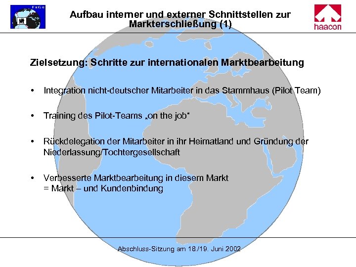 Aufbau interner und externer Schnittstellen zur Markterschließung (1) Zielsetzung: Schritte zur internationalen Marktbearbeitung Integration