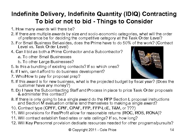 Indefinite Delivery, Indefinite Quantity (IDIQ) Contracting To bid or not to bid - Things