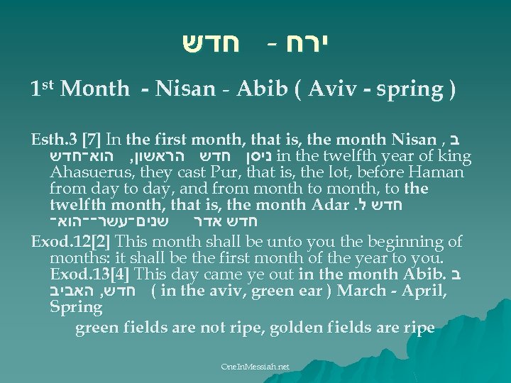  ירח - חדש 1 st Month - Nisan - Abib ( Aviv -