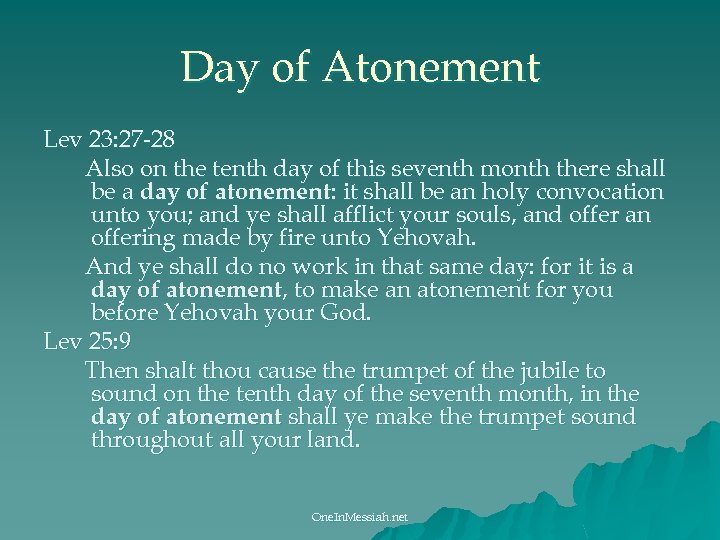 Day of Atonement Lev 23: 27 -28 Also on the tenth day of this