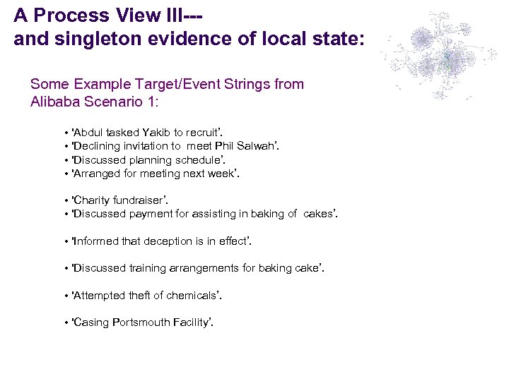 A Process View III--and singleton evidence of local state: Some Example Target/Event Strings from