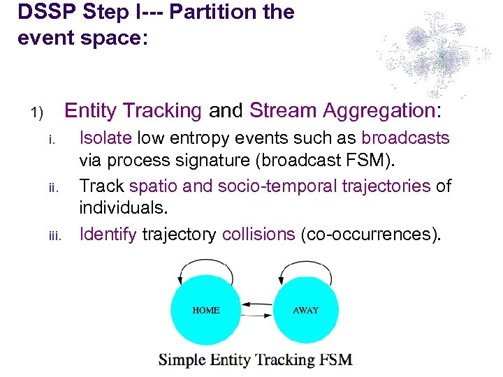 DSSP Step I--- Partition the event space: Entity Tracking and Stream Aggregation: 1) i.