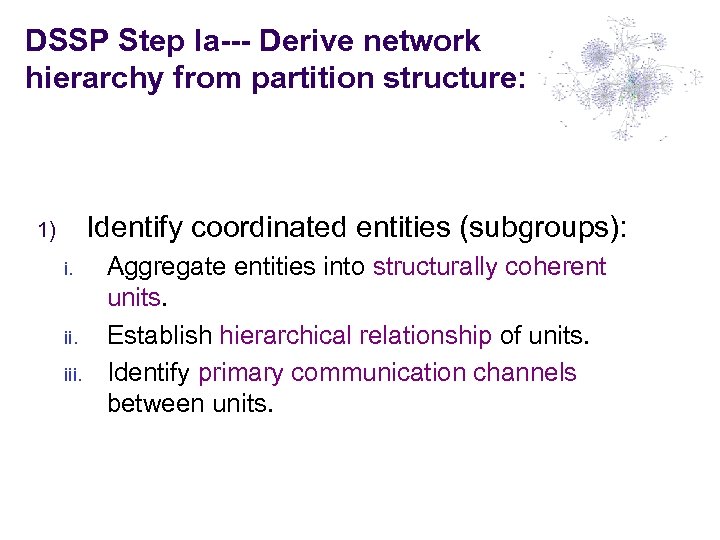 DSSP Step Ia--- Derive network hierarchy from partition structure: Identify coordinated entities (subgroups): 1)