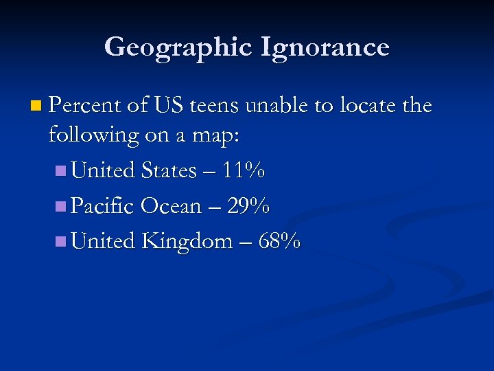 Geographic Ignorance n Percent of US teens unable to locate the following on a