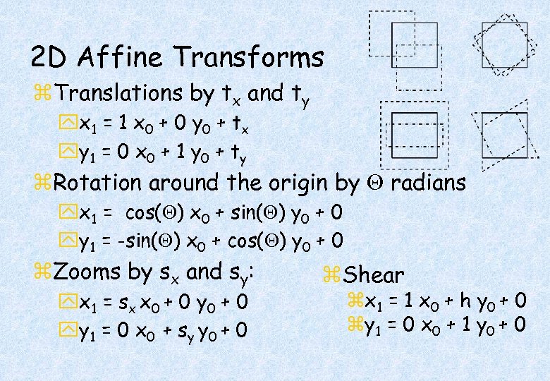 2 D Affine Transforms z. Translations by tx and ty yx 1 = 1