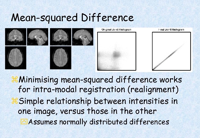 Mean-squared Difference z. Minimising mean-squared difference works for intra-modal registration (realignment) z. Simple relationship