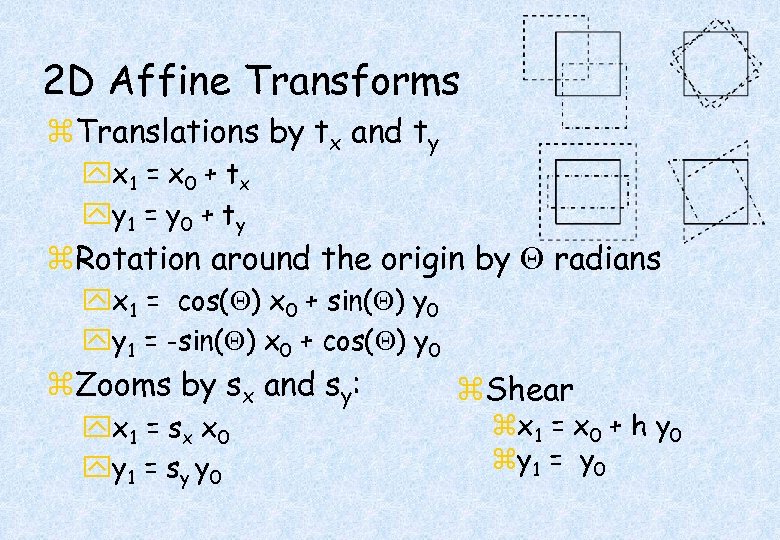 2 D Affine Transforms z. Translations by tx and ty yx 1 = x