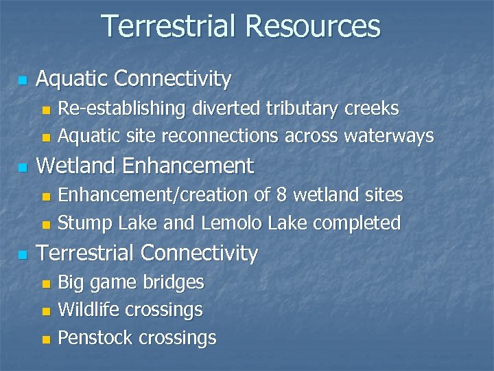 Terrestrial Resources n Aquatic Connectivity Re-establishing diverted tributary creeks n Aquatic site reconnections across
