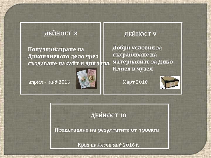 ДЕЙНОСТ 8 ДЕЙНОСТ 9 Добри условия за Популяризиране на съхраняване на Дикоилиевото дело чрез