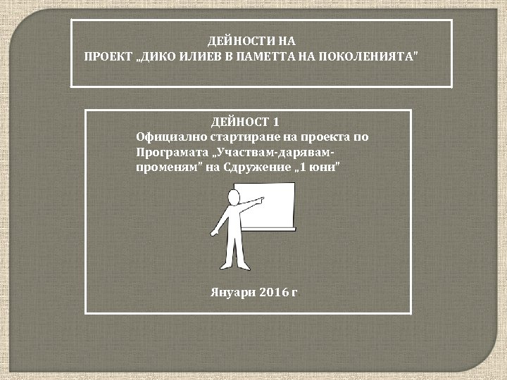 ДЕЙНОСТИ НА ПРОЕКТ „ДИКО ИЛИЕВ В ПАМЕТТА НА ПОКОЛЕНИЯТА” ДЕЙНОСТ 1 Официално стартиране на