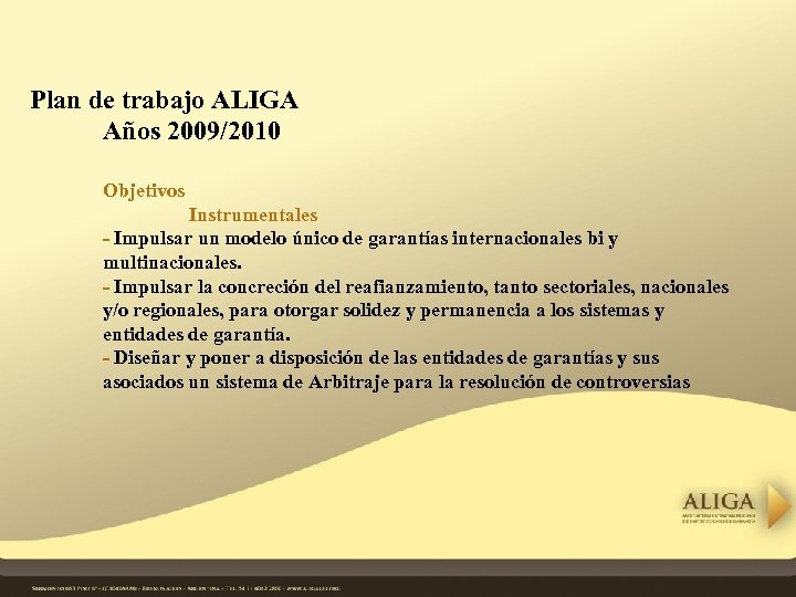 Plan de trabajo ALIGA Años 2009/2010 Objetivos Instrumentales - Impulsar un modelo único de