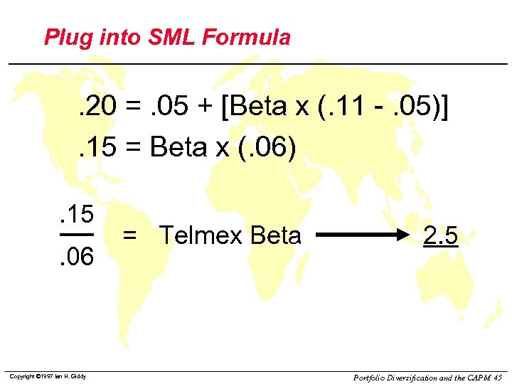 Plug into SML Formula . 20 =. 05 + [Beta x (. 11 -.