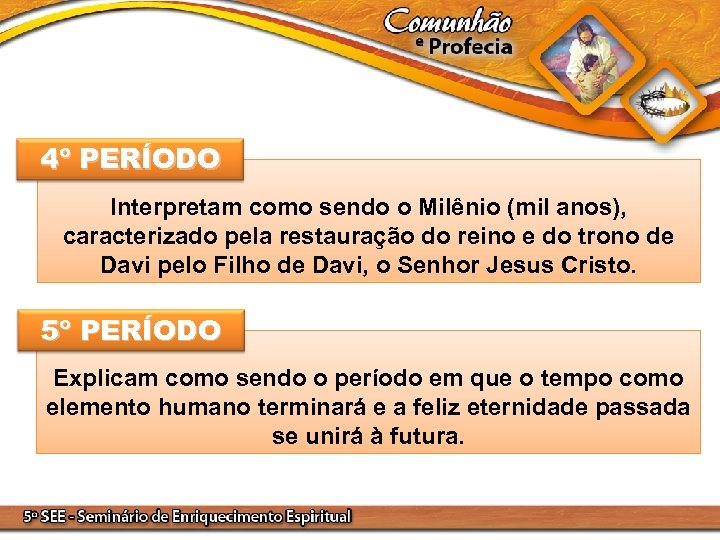 4º PERÍODO Interpretam como sendo o Milênio (mil anos), caracterizado pela restauração do reino