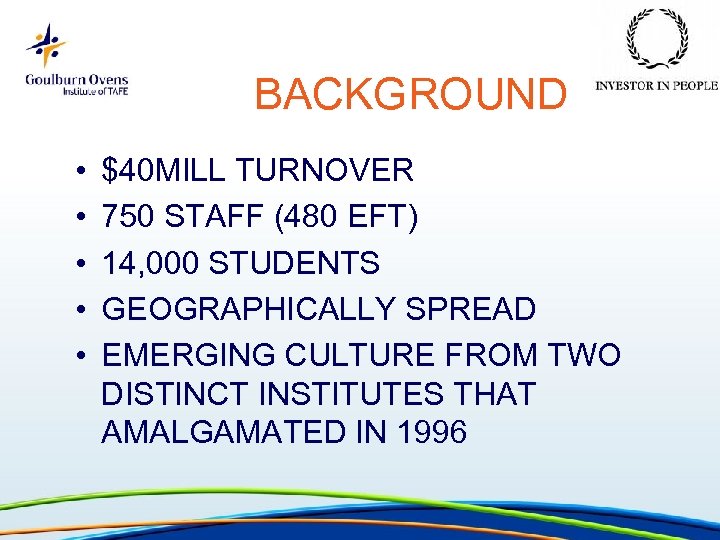 BACKGROUND • • • $40 MILL TURNOVER 750 STAFF (480 EFT) 14, 000 STUDENTS
