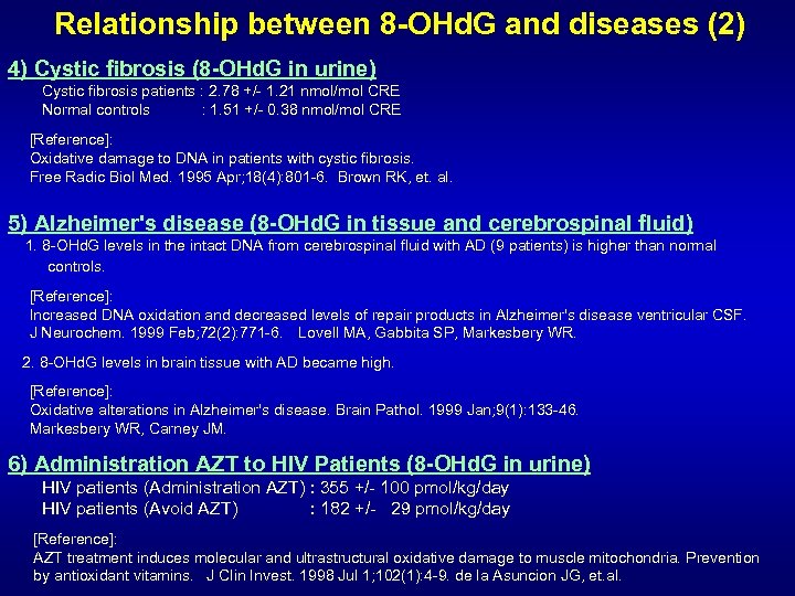 Relationship between 8 -OHd. G and diseases (2) 4) Cystic fibrosis (8 -OHd. G