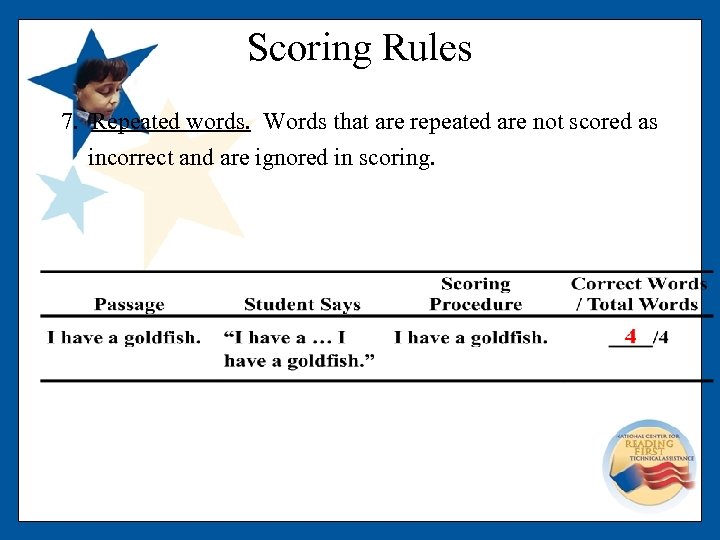 Scoring Rules 7. Repeated words. Words that are repeated are not scored as incorrect