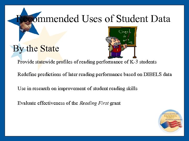 Recommended Uses of Student Data By the State Provide statewide profiles of reading performance