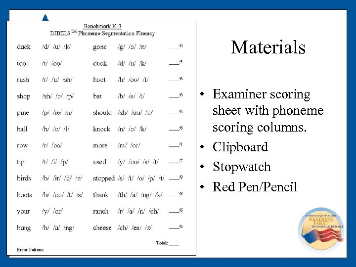 Materials • Examiner scoring sheet with phoneme scoring columns. • Clipboard • Stopwatch •