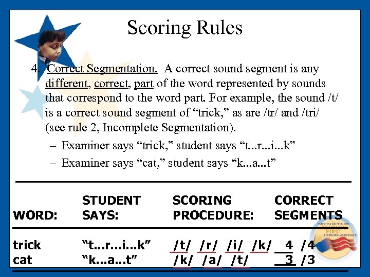 Scoring Rules 4. Correct Segmentation. A correct sound segment is any different, correct, part