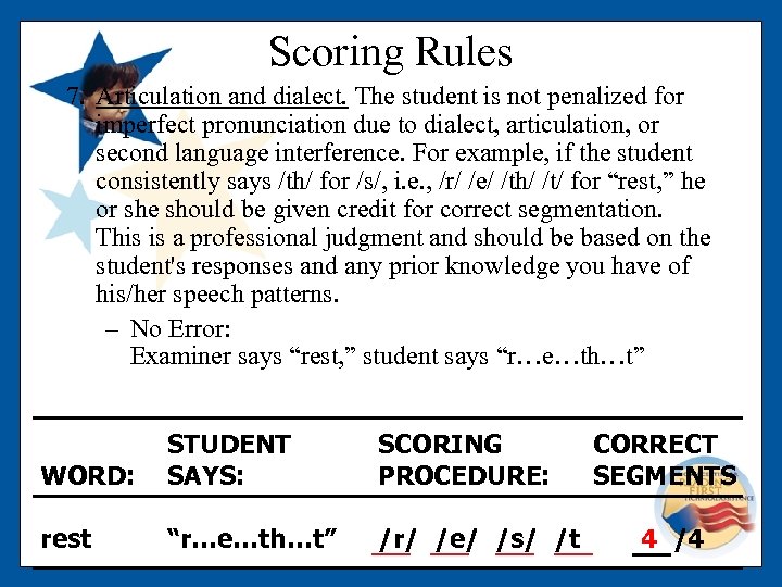 Scoring Rules 7. Articulation and dialect. The student is not penalized for imperfect pronunciation