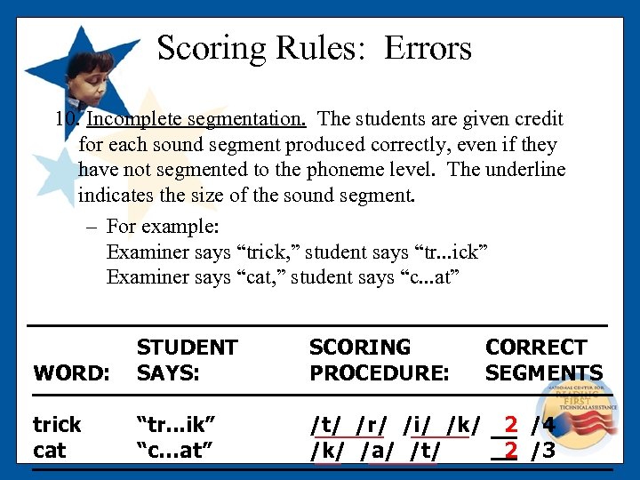 Scoring Rules: Errors 10. Incomplete segmentation. The students are given credit for each sound