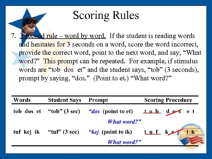 Scoring Rules 7. 3 second rule – word by word. If the student is