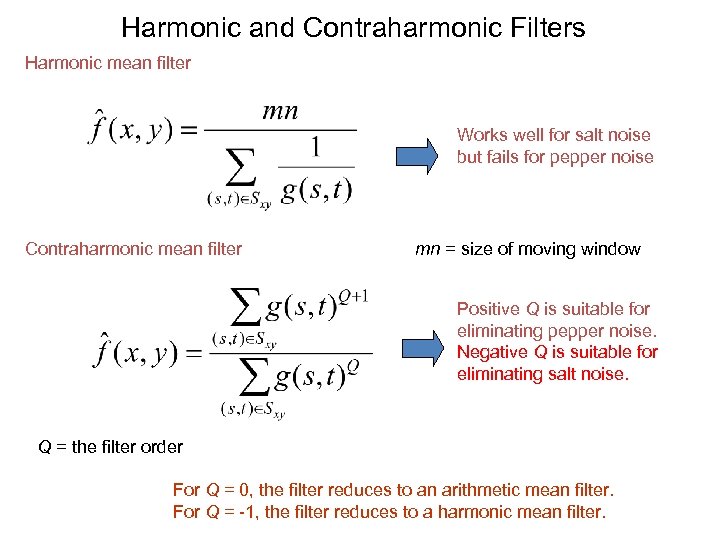 Harmonic and Contraharmonic Filters Harmonic mean filter Works well for salt noise but fails