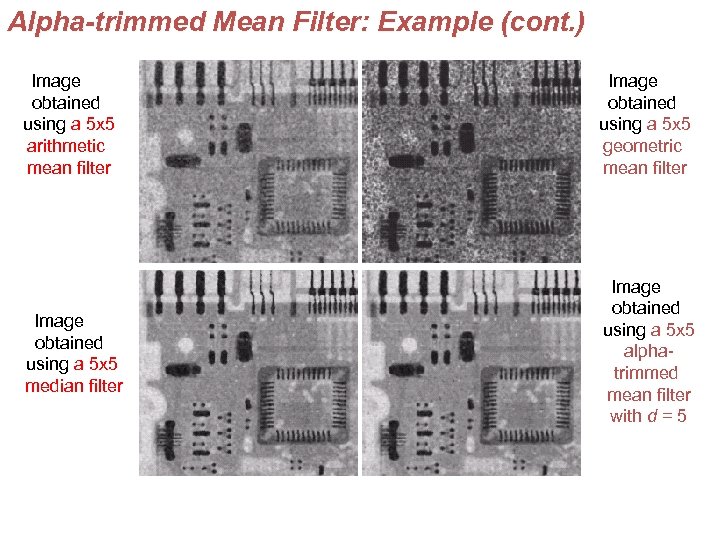 Alpha-trimmed Mean Filter: Example (cont. ) Image obtained using a 5 x 5 arithmetic