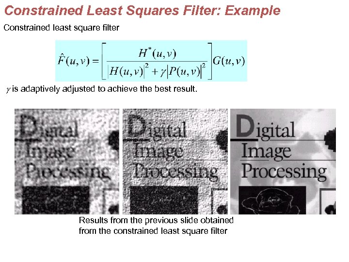 Constrained Least Squares Filter: Example Constrained least square filter g is adaptively adjusted to