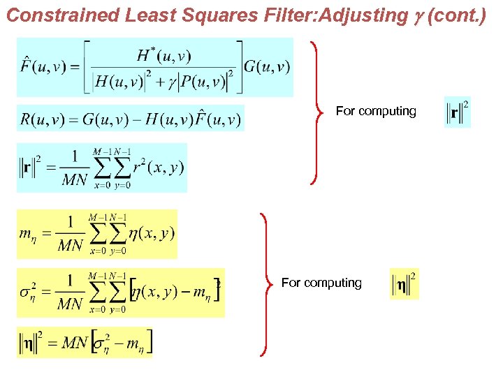 Constrained Least Squares Filter: Adjusting g (cont. ) For computing 