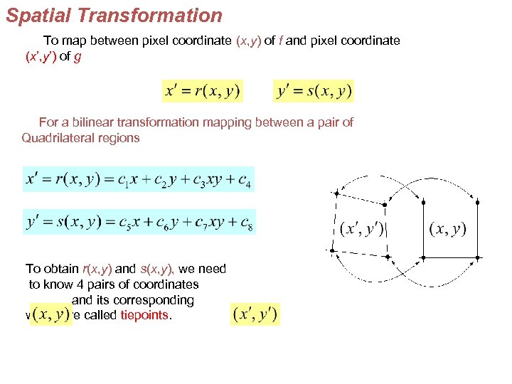 Spatial Transformation To map between pixel coordinate (x, y) of f and pixel coordinate