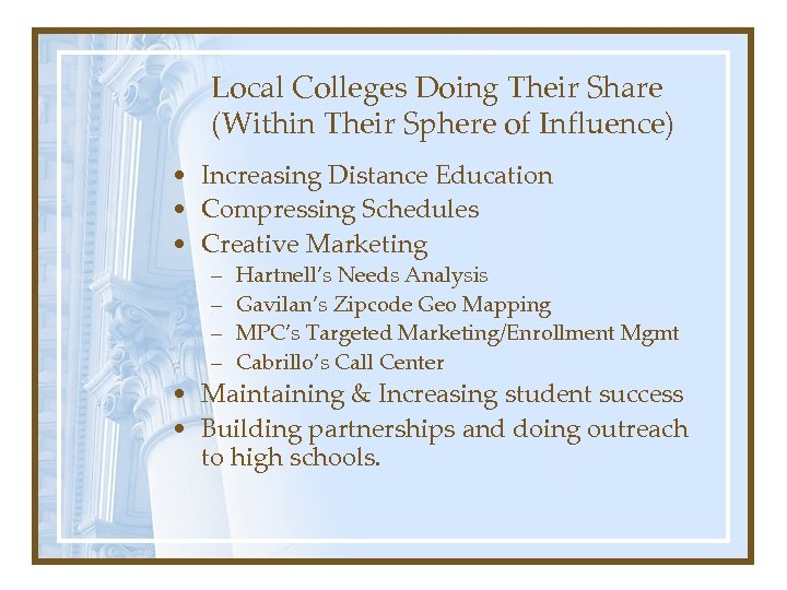 Local Colleges Doing Their Share (Within Their Sphere of Influence) • Increasing Distance Education