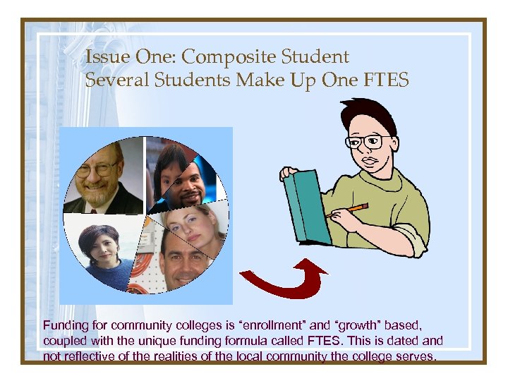 Issue One: Composite Student Several Students Make Up One FTES Funding for community colleges