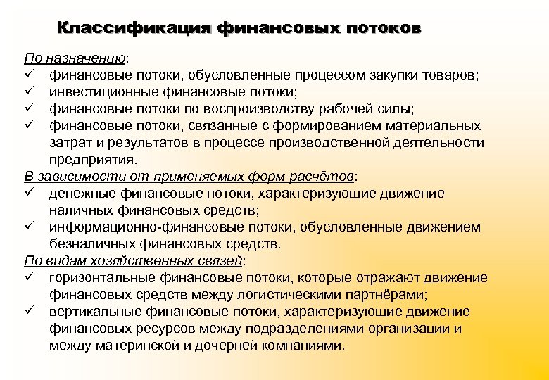 Классификация финансовых потоков По назначению: ü финансовые потоки, обусловленные процессом закупки товаров; ü инвестиционные