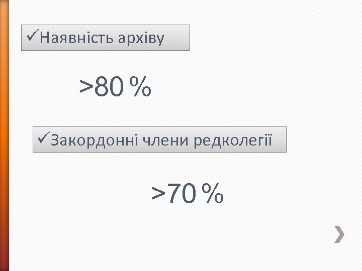 üНаявність архіву >80 % üЗакордонні члени редколегії >70 % 