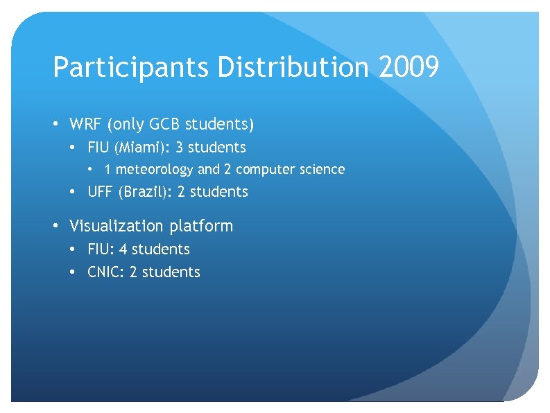 Participants Distribution 2009 • WRF (only GCB students) • FIU (Miami): 3 students •