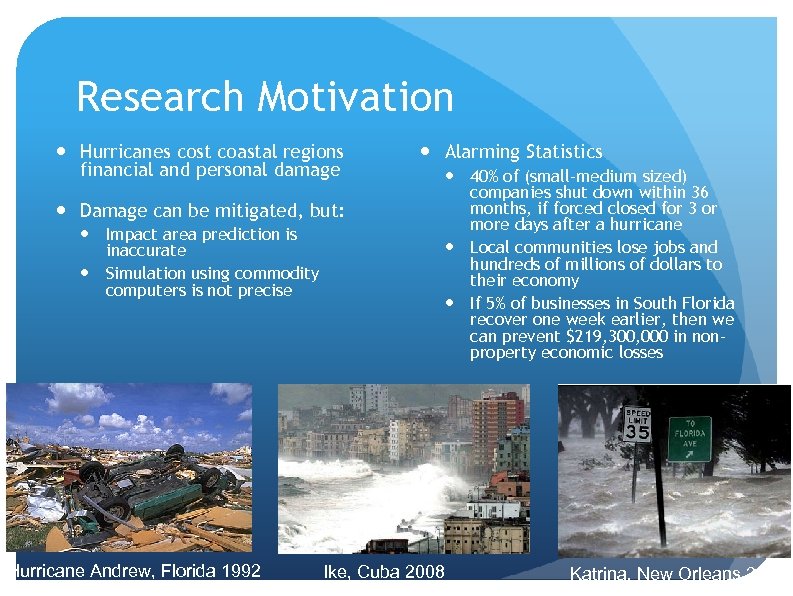 Research Motivation Hurricanes cost coastal regions financial and personal damage Damage can be mitigated,