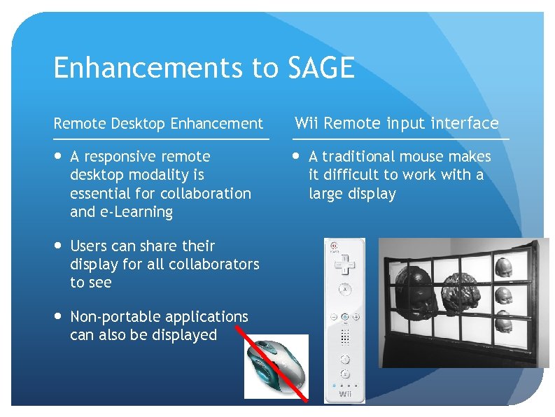 Enhancements to SAGE Remote Desktop Enhancement Wii Remote input interface A responsive remote desktop