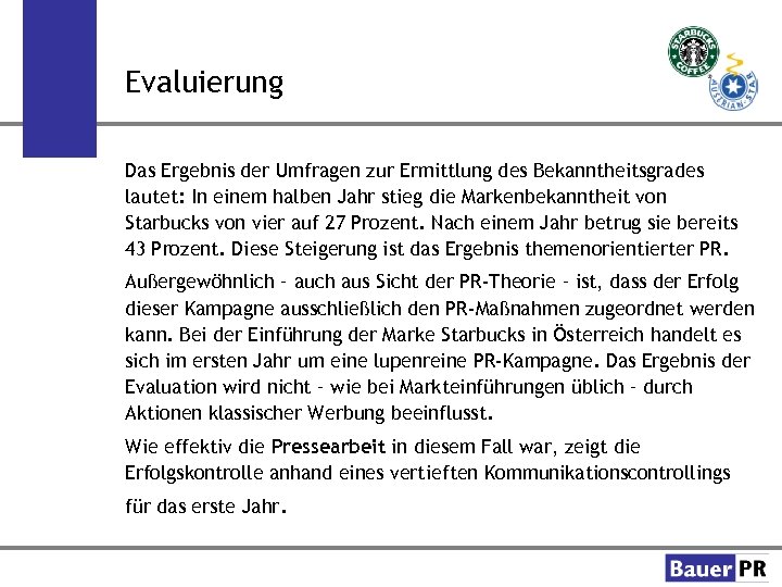 Evaluierung Das Ergebnis der Umfragen zur Ermittlung des Bekanntheitsgrades lautet: In einem halben Jahr