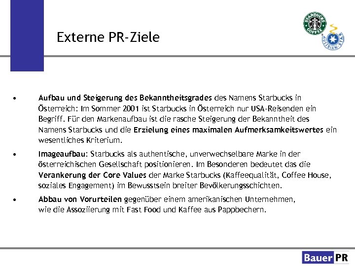 Externe PR-Ziele • Aufbau und Steigerung des Bekanntheitsgrades Namens Starbucks in Österreich: Im Sommer